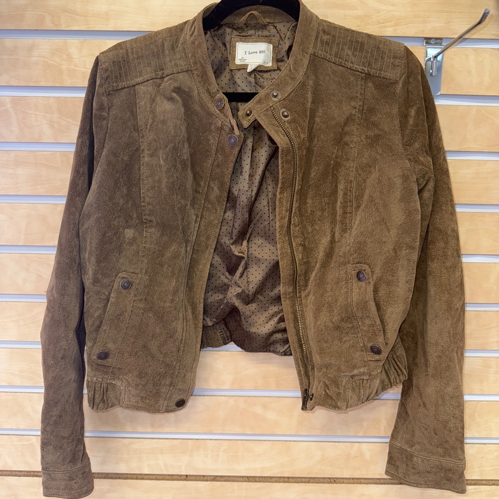 I Love H81 Suede Leather Jacket Womens Size Large Biker Moto Brown